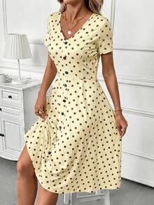 SHEIN Clasi Đầm ngắn tay cổ chữ V in họa tiết chấm bi dành cho nữ - Màu vàng - Xem 6