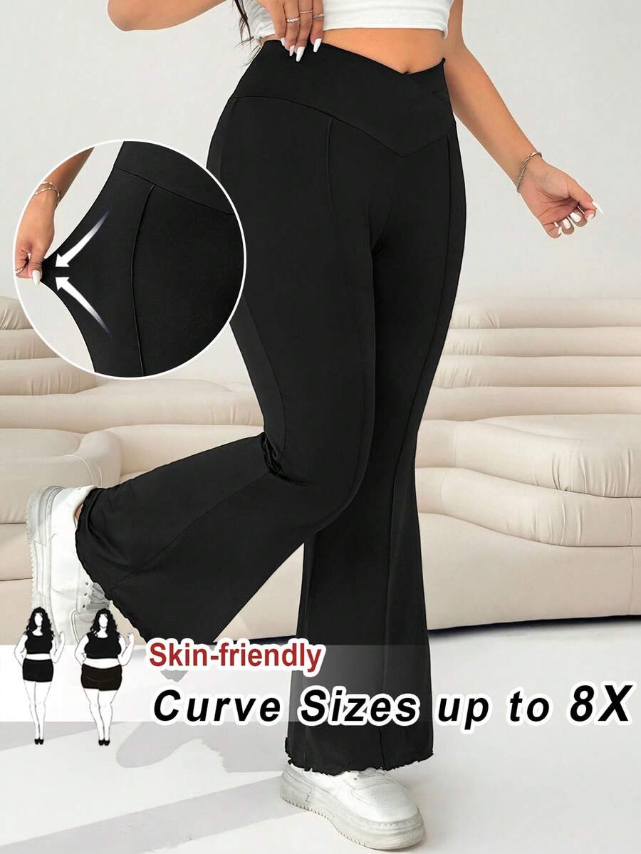 SHEIN CURVE+ Quần ống loe cạp cao màu trơn dành cho nữ cỡ lớn