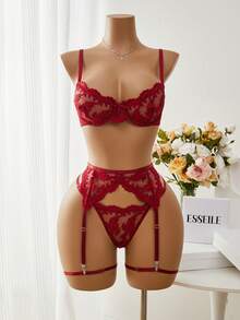 Esselle Bộ đồ lót lưới thêu gợi cảm 5 món cho nữ khi đi chơi - Màu Đỏ Sâu - Xem 1