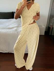 DAZY 2pcs/Set Women's Polka Dot V-Neck Short Sleeve T-Shirt And Loose Straight Long Pants Pajama Set, Summer - Yellow - View 5