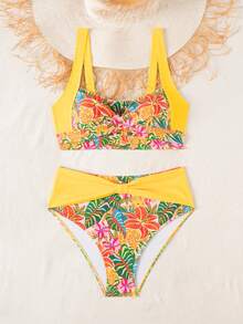 Swim Lushoire Bộ bikini nữ in họa tiết hoa nhiệt đới rực rỡ, áo croptop bản rộng, cạp cao phối màu tương phản, thích hợp cho kỳ nghỉ hè trên bãi biển. - Nhiều màu - Xem 4