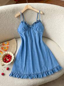 Soleia Vestido vaquero casual de verano con tirantes con volantes para mujer - Lavado ligero - Ver 8