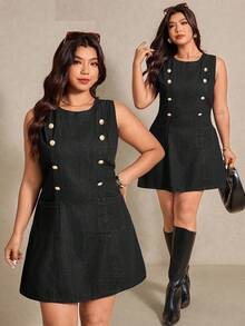 Elaquor Gaun Kasual Denim Kancing Saku untuk Wanita Ukuran Plus - Hitam - View 5