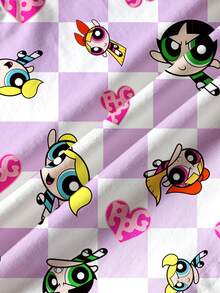 THE POWERPUFF GIRLS X SHEIN 女童休闲格子卡通印花T恤，夏季 - 白色 - 查看 6
