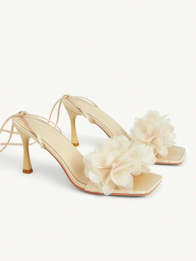 CUCCOO CHICEST Spring/Summer Mesh Flowers Decorative One-Buckle Buckle Open-Toe Thick Heel, Fairy Style Satin Mesh Light Pink Ladies High Heel Sandals Dating Party Commuting Shopping Banquet Wedding Festival Gifts