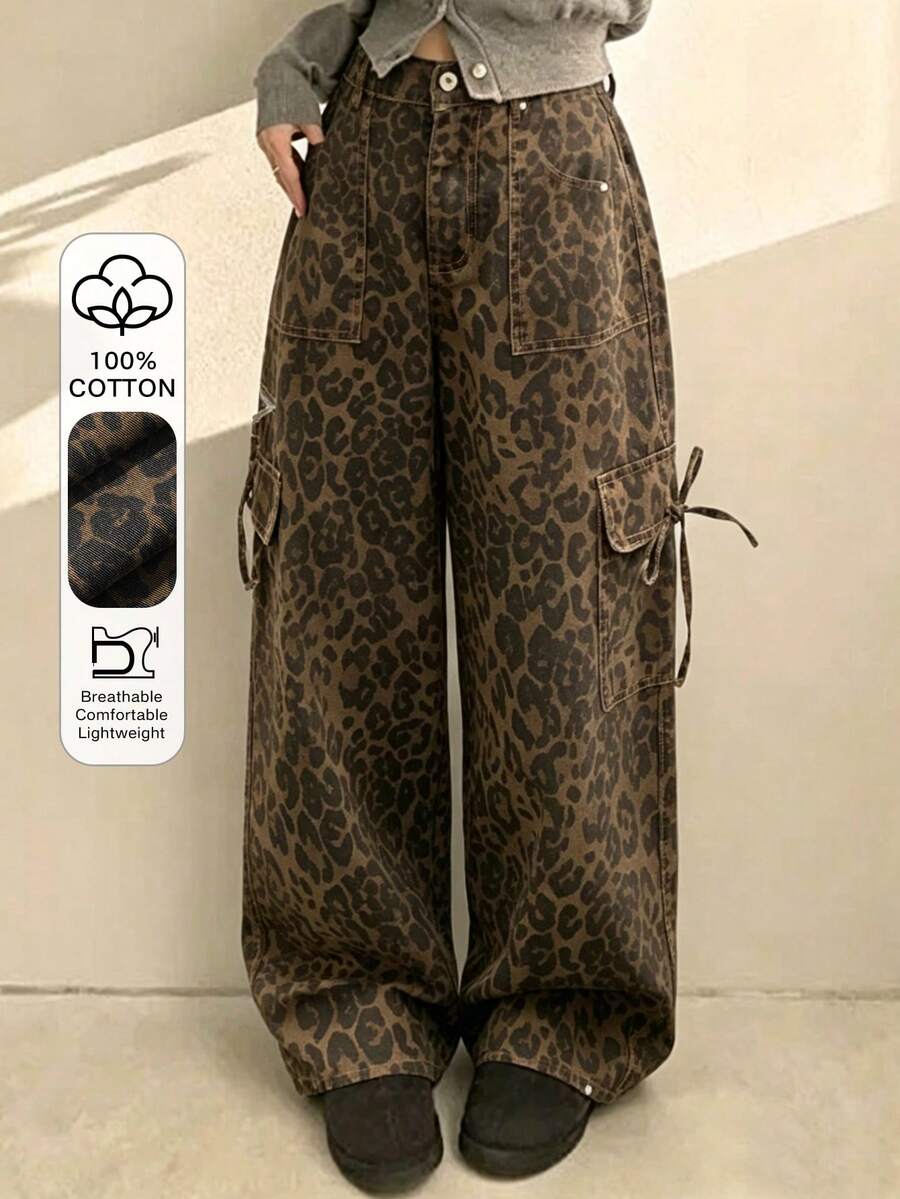 FRIFUL Jeans de pierna ancha con estampado de leopardo para mujer - Marrón - Ver 1