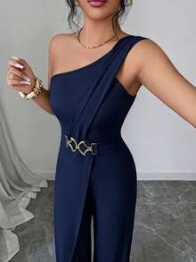 Elenzga Jumpsuit Wanita Warna Polos untuk Pakaian Kasual Sehari-hari - Navy Blue - View 6