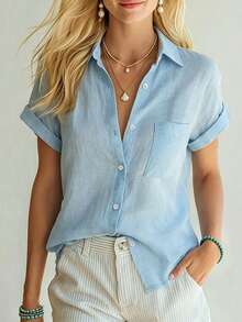 Selamara Camisa de negocios de mujer de bolsillo minimalista y de solapa única - Azul - Ver 4
