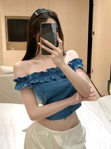 DAZY Vintage Washed Blue Off Shoulder Top With Lace Patchwork, Casual Street Style Denim Blouse For Women, Spring & Summer - Medium Wash - View 8