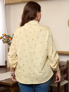 Lacomfia Plus Size Women Bow Tie Striped Print Casual Versatile Blouse - Yellow - View 2