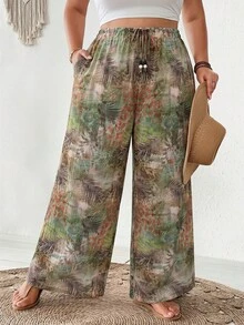 SHEIN CURVE+ Plus Size Women's Tropical Print Beaded Drawstring Waist Loose Lightweight Wide Leg Cover-Up Pants, Summer, Boho, Beach, Holiday - Green - View 5