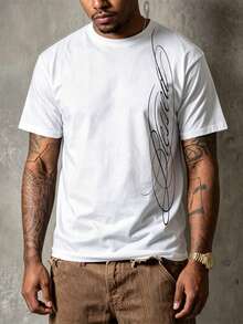 RHETRK Plus Size Men's Street Style Hip Hop Minimalist Handwritten Letter Print Loose Short Sleeve T-Shirt, Fashionable Choice For Summer - White - View 3