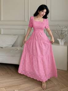 Modelyn French Square Collar Petal Sleeve Hollow Embroidery Cinched Waist A-Line Dress For Women - Watermelon Pink - View 8