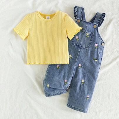 2点セット ベビー女の子用 ブルー 夏 かわいい ファミリーマッチング 花柄刺繍 デニムオーバーオール & 無地半袖トップ カジュアル 万能 春コーデ