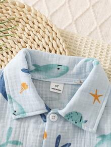 SHEIN Vintaside Kids 男童休闲度假可爱海豚印花短袖衬衫和短裤两件套，海岛风情海滩周末装扮，优雅服饰，适合外出、度假、拍照，2026春夏新款，日常百搭 - 薄荷藍 - 查看 3