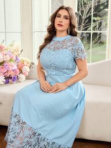 Modelyn Plus Size Women's Elegant Lace Patchwork Waist Dress, Spring/Summer - Blue - View 5