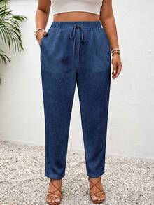 SHEIN Frenchy Plus Size Women Solid Color Drawstring Waist Casual Versatile Daily Wear Pants - Multicolor - View 4