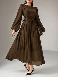 Heiryn Women's Solid Color Waist-Cinched Elegant Long Sleeve Dress Formal Dark Brown Autumn High Tea Everyday Daytime Daytime Dinner Everyday Party - Coffee Brown - View 3