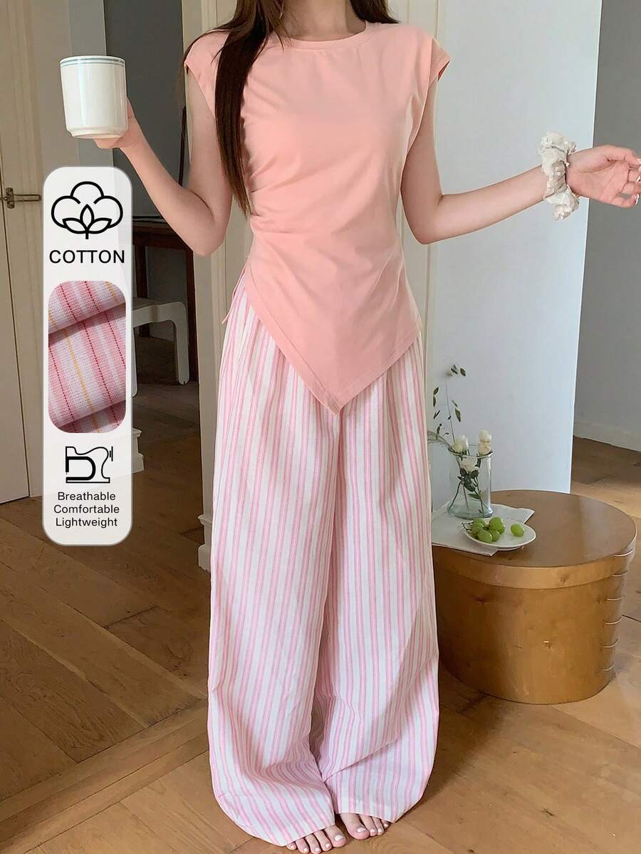 DAZY 女士纯色无袖不对称下摆上衣和宽松条纹睡裤套装，夏季 - 粉色 - 查看 1