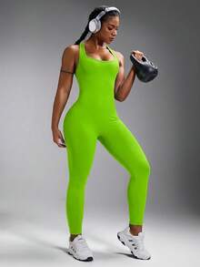 Powerista 纯色露背紧身无缝连体裤 - 綠色 - 查看 4