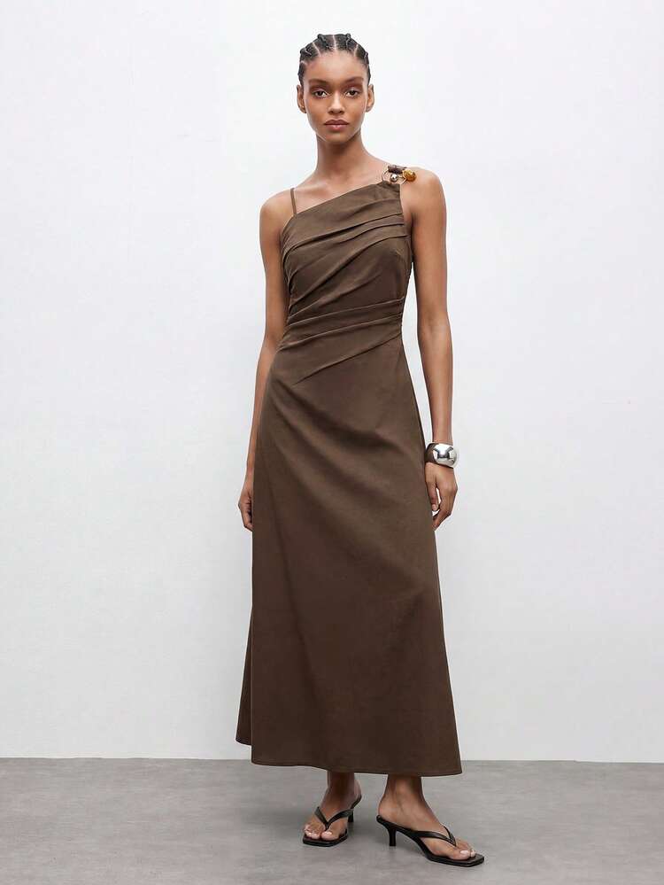SHEIN Maija Dark Brown Asymmetric Neck Midi Dress, Waist Cinched, Elegant Urban Style For Summer