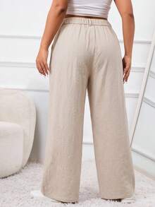 SHEIN PETITE CURVE Calça Casual Cintura Alta Perna Larga em Cor Sólida para Mulheres Plus Size - Caramelo - Visão 2