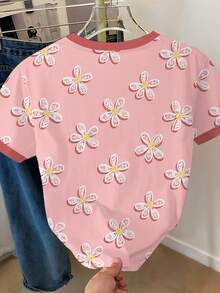 Young Girl Casual Cute Sweet Polka Dot Daisy Floral Pattern, Ballet Pink, Round Neck Short Sleeve T-Shirt Suitable For Summer - Multicolor - View 2