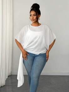 Maweii Blusa elegante branca plus size com amarração no pescoço - Branco - Ver 3