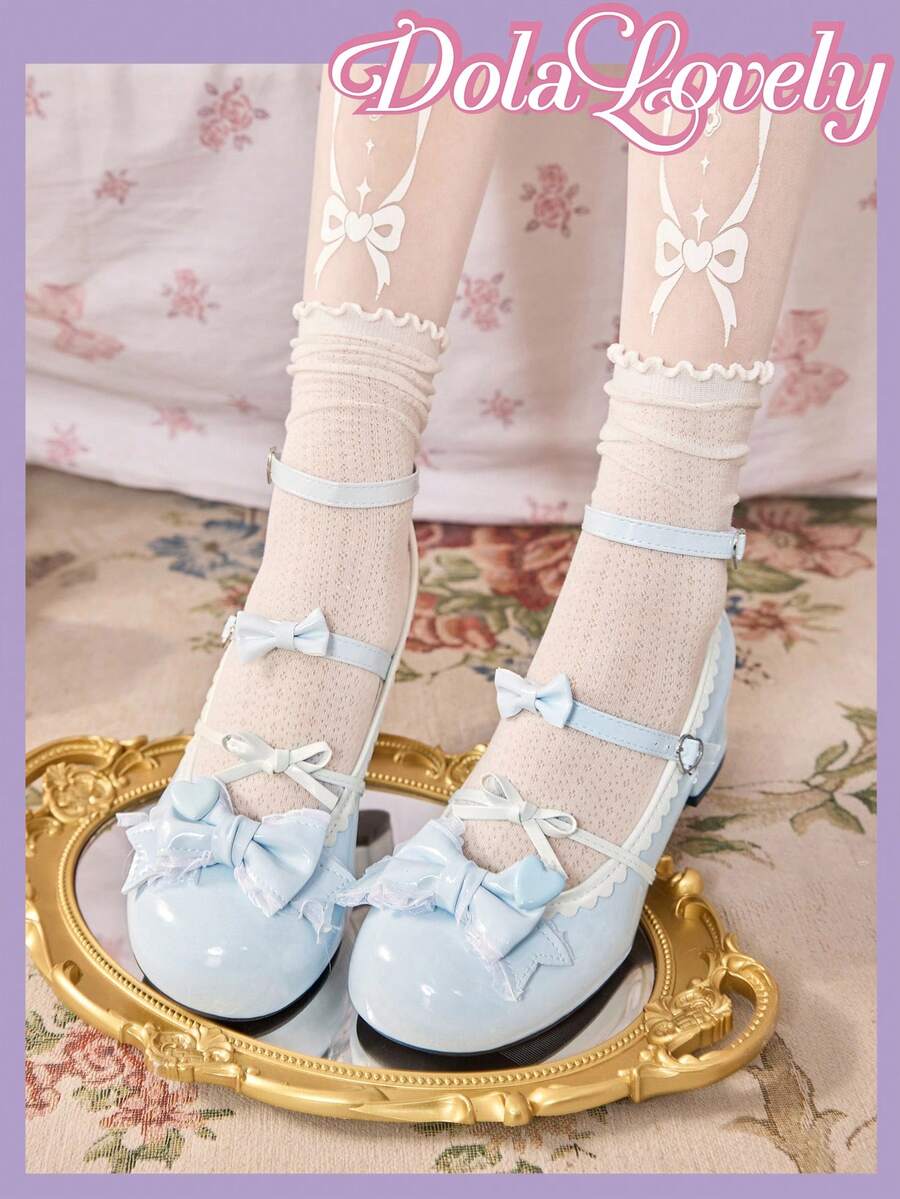 Dola Lovely 浅蓝色可爱甜美圆头玛丽珍高跟鞋,蝴蝶结装饰,适合生日派对、JK风、洛丽塔风等场合穿着。 - 藍色蝴蝶結 - 查看 1