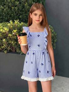 Firerie Kids Firerie Kids 适合度假的少女条纹方领短袖宽松连体裤 - 藍白色 - 查看 2