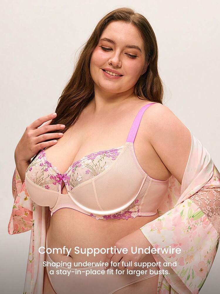 Plus Full Coverage Unlined Embroidery Lace Bra