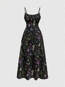ROMWE Gothic Dark Academia Witchy Botanical Print Plus Size Cami Dress Fall - Black - View 1