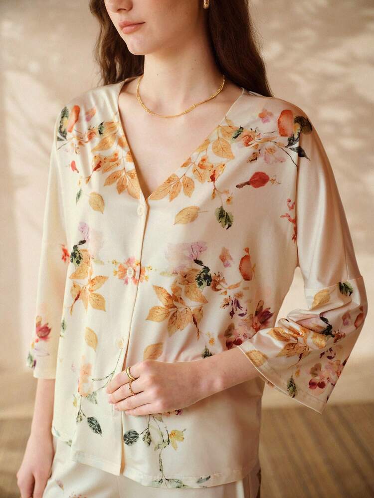 WOMEN FLORAL PRINT BUTTON UP TOP & PANTS PAJAMA SET