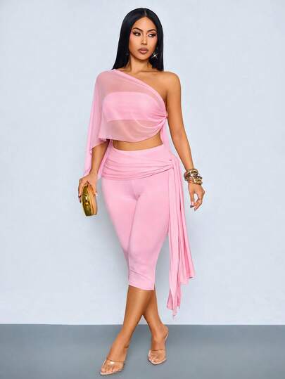 SOLERSUN Women's Convertible 3 Piece Set,Sheer Mesh Overlay, Tube Top & Tie Waist Capri Pants Matching Outfit,Women Balletcore Aesthetic 3 Piece Convertible Set,Y2K Convertible 3 Piece Outfit, One Shoulder Sheer Mesh Overlay Tube Top & Tie Waist Capri Pants Matching Set For Party Night Out Vacation
