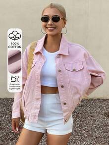 Livesso Casual Loose Denim Jacket With Large Pockets, Sweet Girl Style, Suitable For Spring And Autumn, Fashionable Streetwear And Outdoor Wear - Pink - View 4