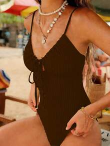 Swim Vcay Women's Textured Fabric Front Drawstring One-Piece Swimsuit, Suitable For Summer Beach Vacation - Brown - View 3