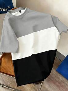 Manfinity Joysei Men's Loose Fit Colorblock Striped Print Round Neck Short Sleeve T-Shirt - Multicolor - View 1