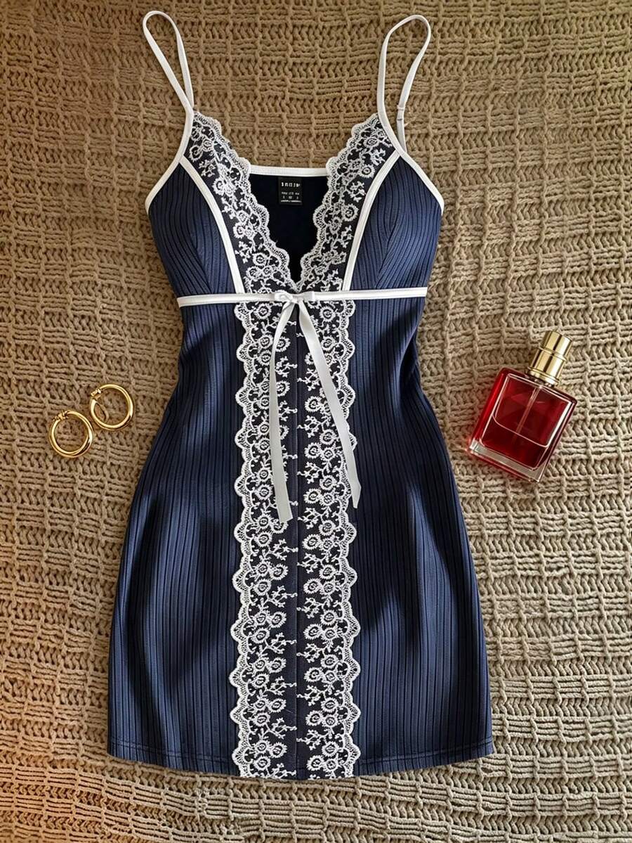 GlowEve Sweet Sexy Retro Lace Trim Camisole Mini Dress Sleep Navy Blue And White Summer - Navy Blue - View 1