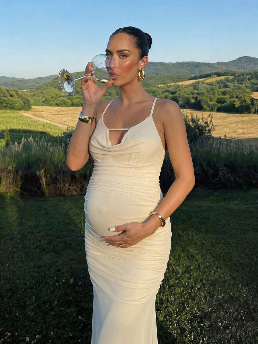 MaterniChic Maternity Dress Summer Pregnant With A Highly Elastic Skirt, Comfortable And Elegant Solid Color Spaghetti Strap Fitted Ruched - Apricot - View 1