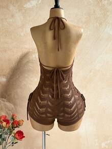 Soleia Women's Solid Color Hollow Out Knitted Backless Halter Romper - Coffee Brown - View 2