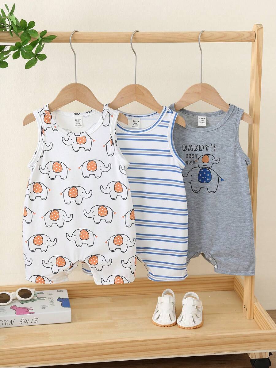 SHEIN Bộ 3 món cho bé trai sơ sinh mùa hè, kiểu dáng thường ngày, chất liệu dệt kim, họa tiết voi hoạt hình, áo liền quần không tay và quần short, trang phục cơ bản nhiều món, bộ áo liền quần và quần short đáng yêu. - Nhiều màu - Xem 1