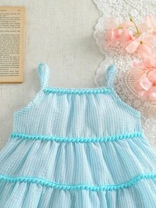 SHEIN 女婴条纹叠层彩色流苏连衣裙，适合户外玩耍、度假、聚会及各种日常场合，百搭款式，春夏宝宝服装，0-3岁 - 彩色 - 查看 6