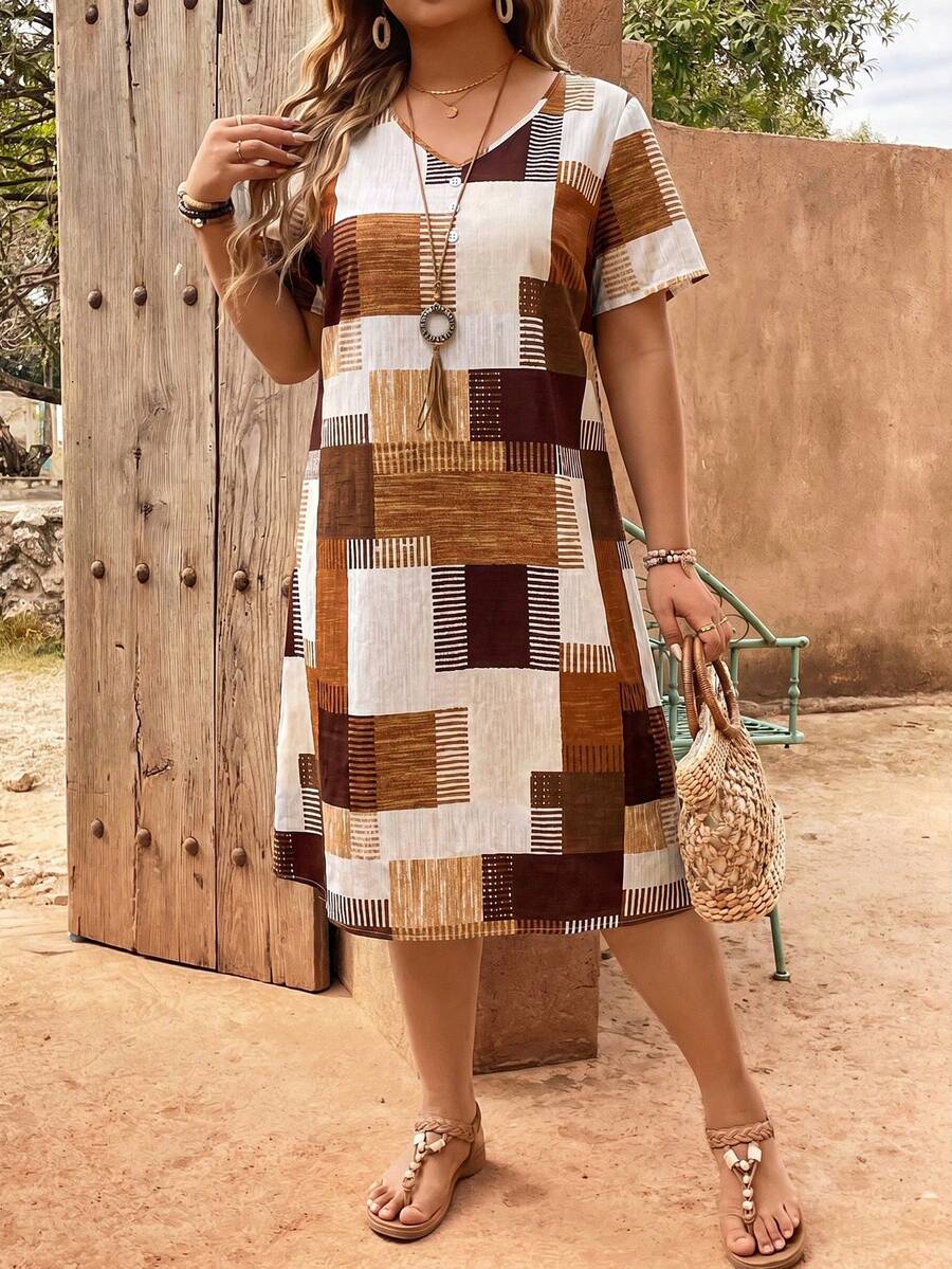 EMERY ROSE Plaid Patchwork Print V-Neck Button Decor Plus Size Dress - Coffee Brown - View 1