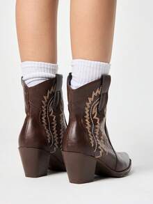 ROMWE Fairycore 2026 New Women's Small Square Toe Solid Color Thick Heel Fashion Sleeve Ankle Boots Western Boots And Ankle Boots - Coffee Brown - View 5
