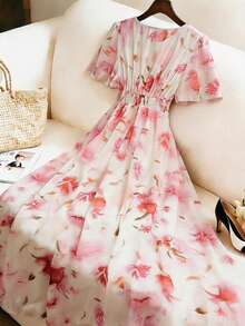 Velvienne Plus Size Blush Pink Summer Elegant Formal Tea Party Holiday Women's V-Neck Flowy Chiffon Ditsy Floral Flare Sleeve Waist Cinched Long Dress - Pink - View 2