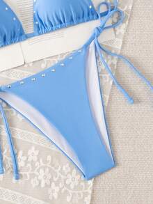 Swim SXY 纯色三角抽绳挂脖系带金属贴片侧系带性感沙滩比基尼套装 - 藍色 - 查看 8