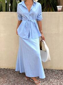 DAZY Conjunto de 2 piezas de camisa larga y falda azul, informal para primavera y verano, conjuntos de descanso para mujeres - Azul - Ver 5