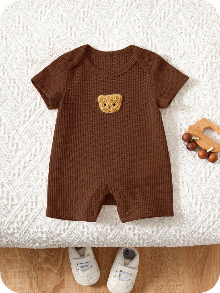 SHEIN 新生儿男女宝宝舒适休闲可爱华夫格纹小熊印花短袖连体衣,适合室内、室外、日常、运动、玩耍、派对、拍照、度假、春夏穿着。 - 霧霾藍 - 查看 1
