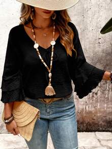 SHEIN LUNE Plus Size Women Casual Loose Textured Yellow Flare Double Layer Sleeve Shirt - Black - View 3