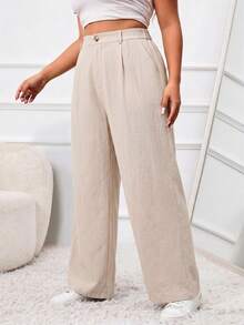 SHEIN PETITE CURVE Calça Casual Cintura Alta Perna Larga em Cor Sólida para Mulheres Plus Size - Caramelo - Visão 5